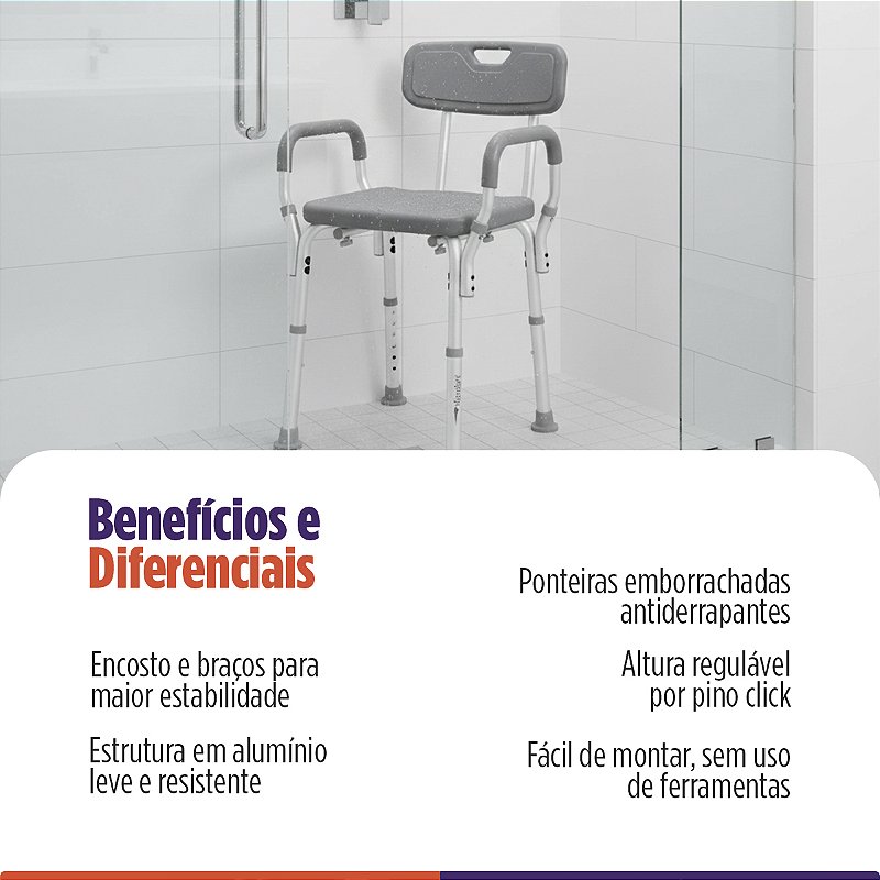 Banco Para Banho Em Alumínio Com Encosto e Apoio de Braço Até 130 Kg - Hidrolight