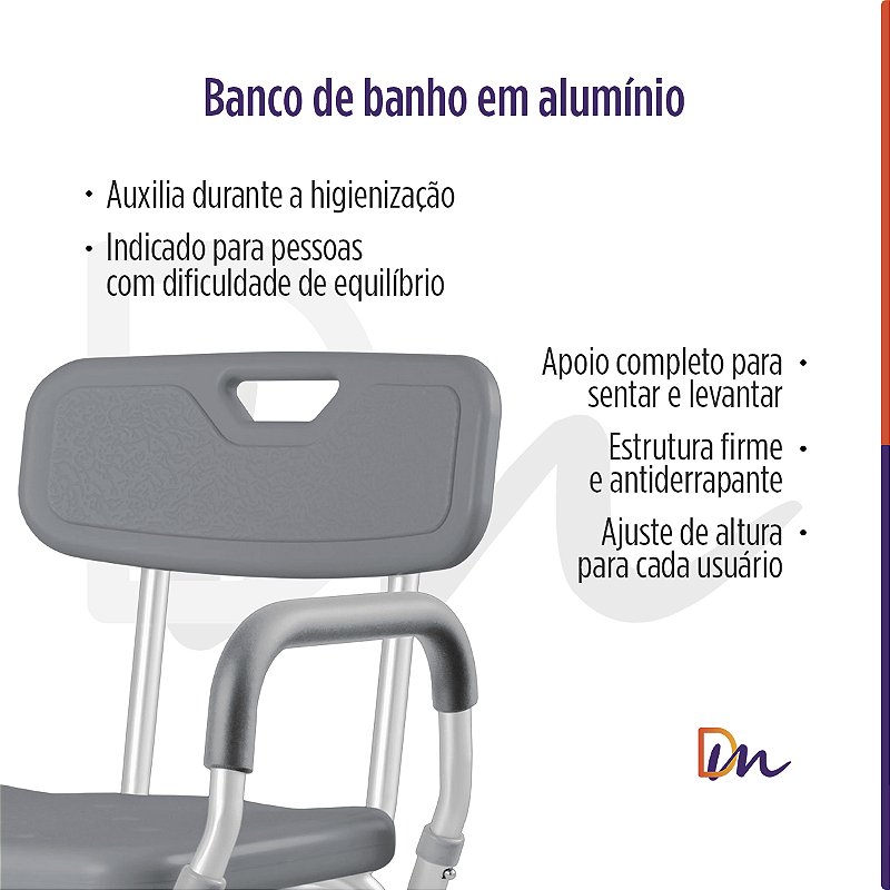 Banco Para Banho Em Alumínio Com Encosto e Apoio de Braço Até 130 Kg - Hidrolight