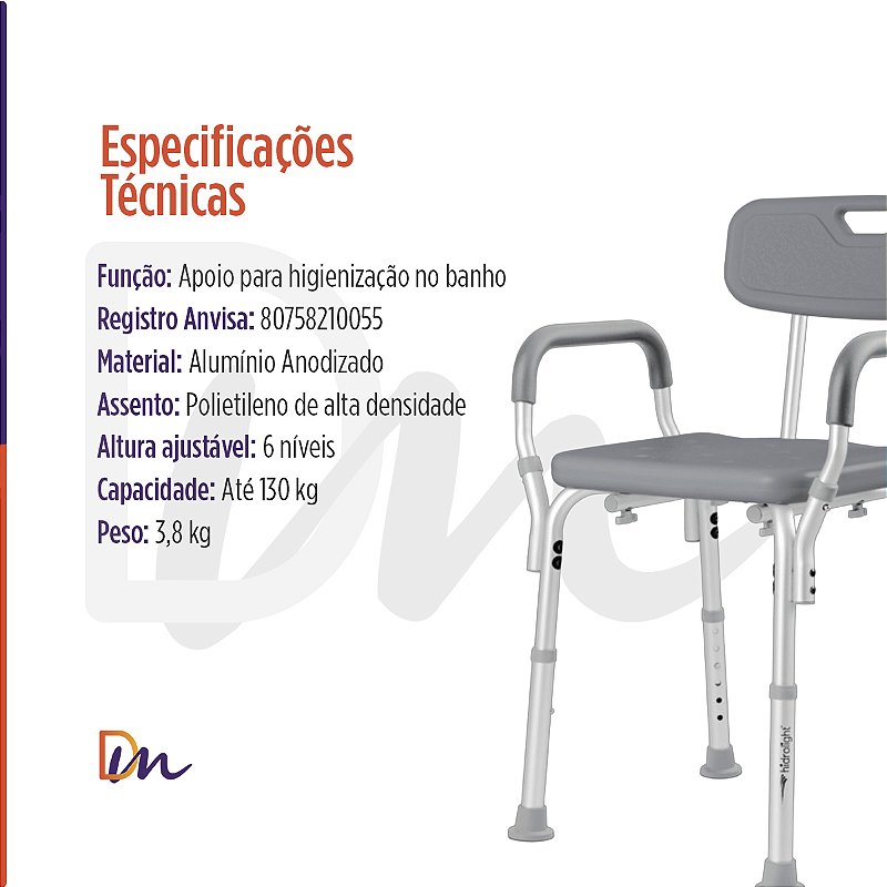 Banco Para Banho Em Alumínio Com Encosto e Apoio de Braço Até 130 Kg - Hidrolight