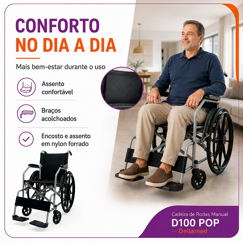 Cadeira De Rodas Manual Até 110kg Com Encosto Rebatível D100 Pop – Dellamed