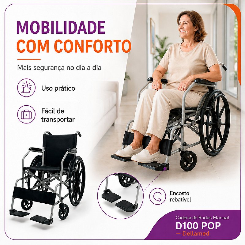 Cadeira De Rodas Manual Até 110kg Com Encosto Rebatível D100 Pop – Dellamed