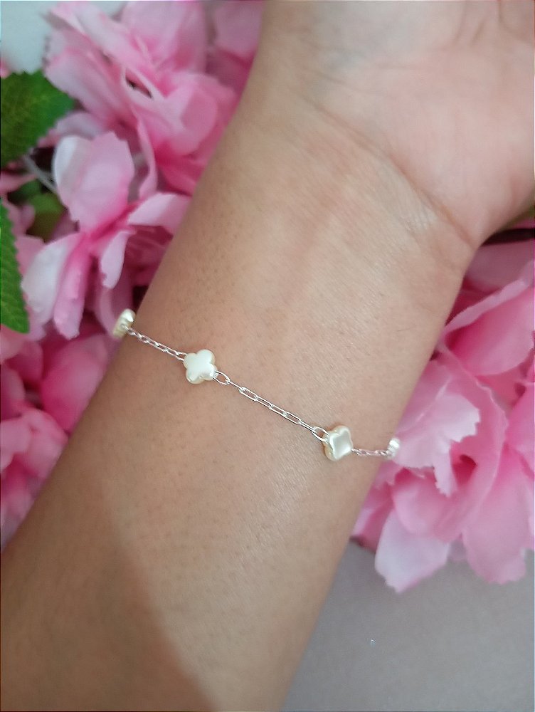 Pulseira Trevo Pérola Prata 925