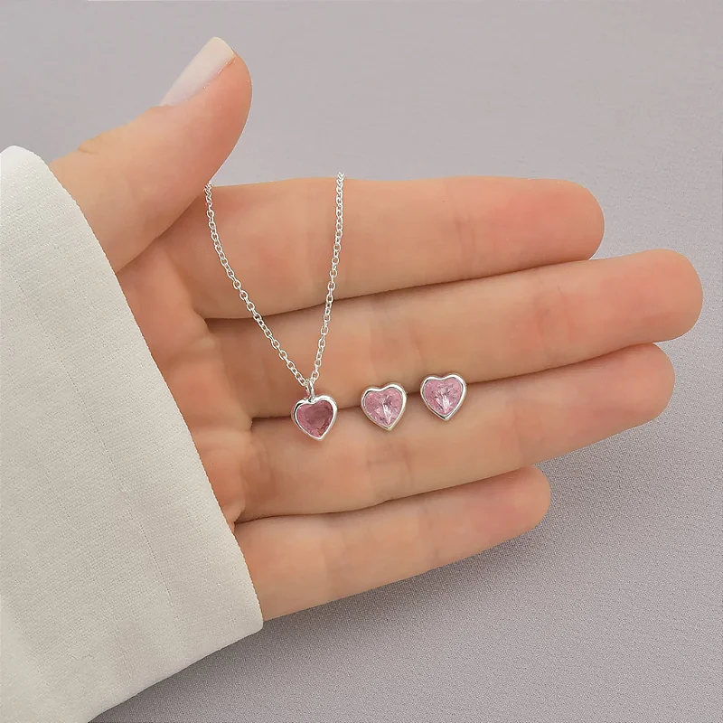 Conjunto Coração Rosa Prata 925
