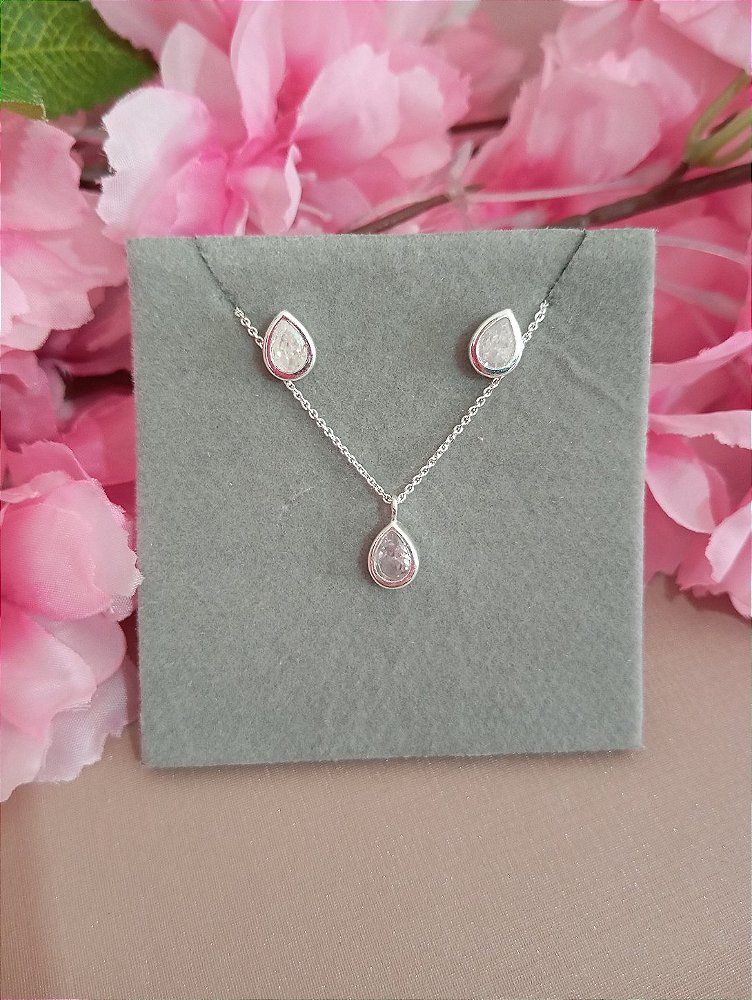 Conjunto Gota Cristal Prata 925