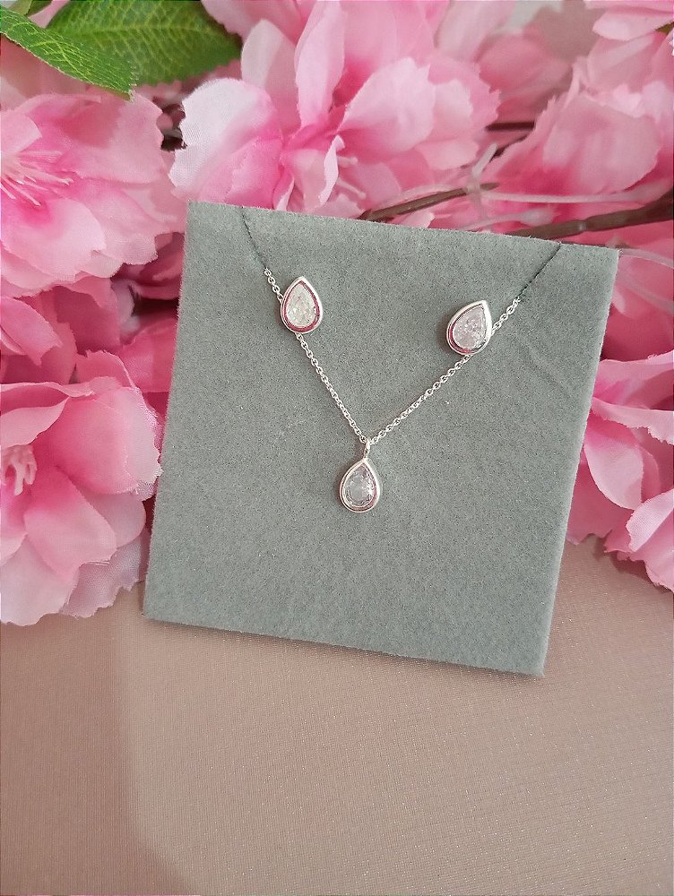 Conjunto Gota Cristal Prata 925