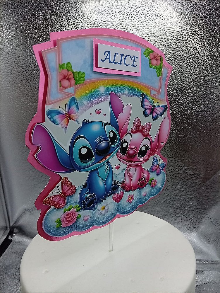 Topo de Bolo Stitch e Angel Personalizado