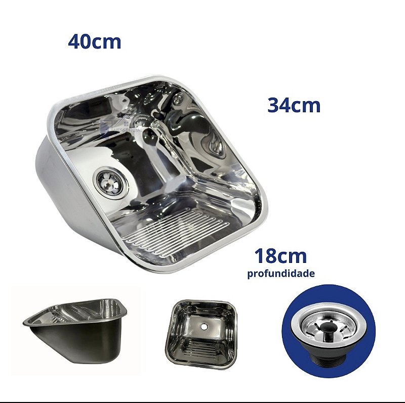 Tanque de Lavanderia em Aço Inox 304 40x34x18cm — Sobrepor ou Embutir com Válvula e Sifão