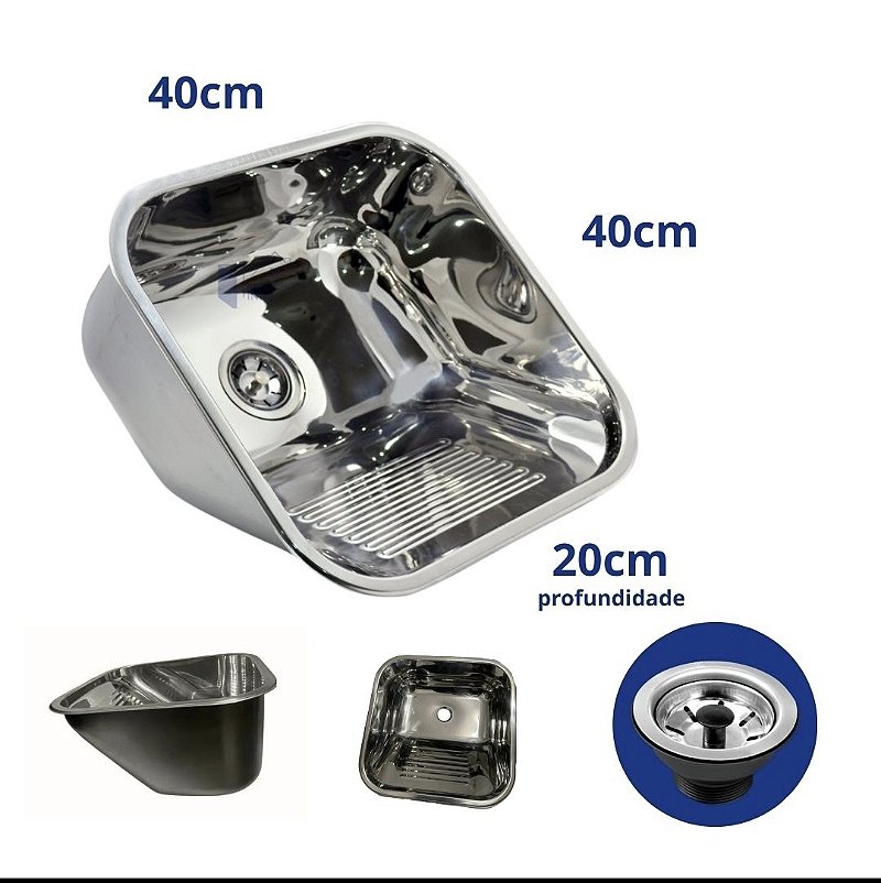 Tanque de Lavanderia em Aço Inox 304 40x40x20cm — Sobrepor ou Embutir com Válvula e Sifão