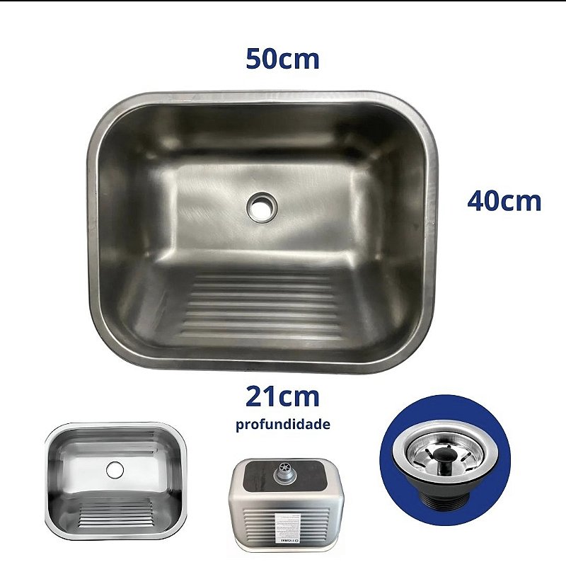 Tanque de Lavanderia em Aço Inox 304 50x40cm — Sobrepor ou Embutir com Válvula e Sifão