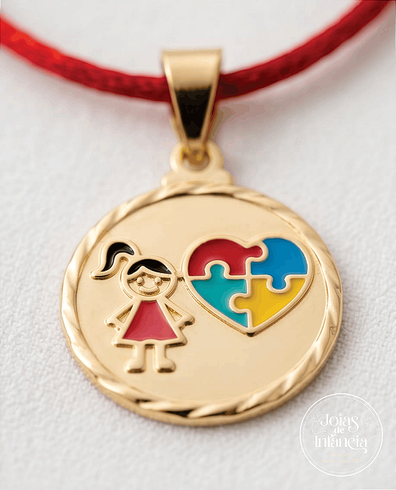 Colar vermelho menina símbolo do autismo banho ouro 18k