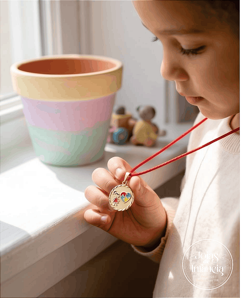 Colar vermelho menina símbolo do autismo banho ouro 18k