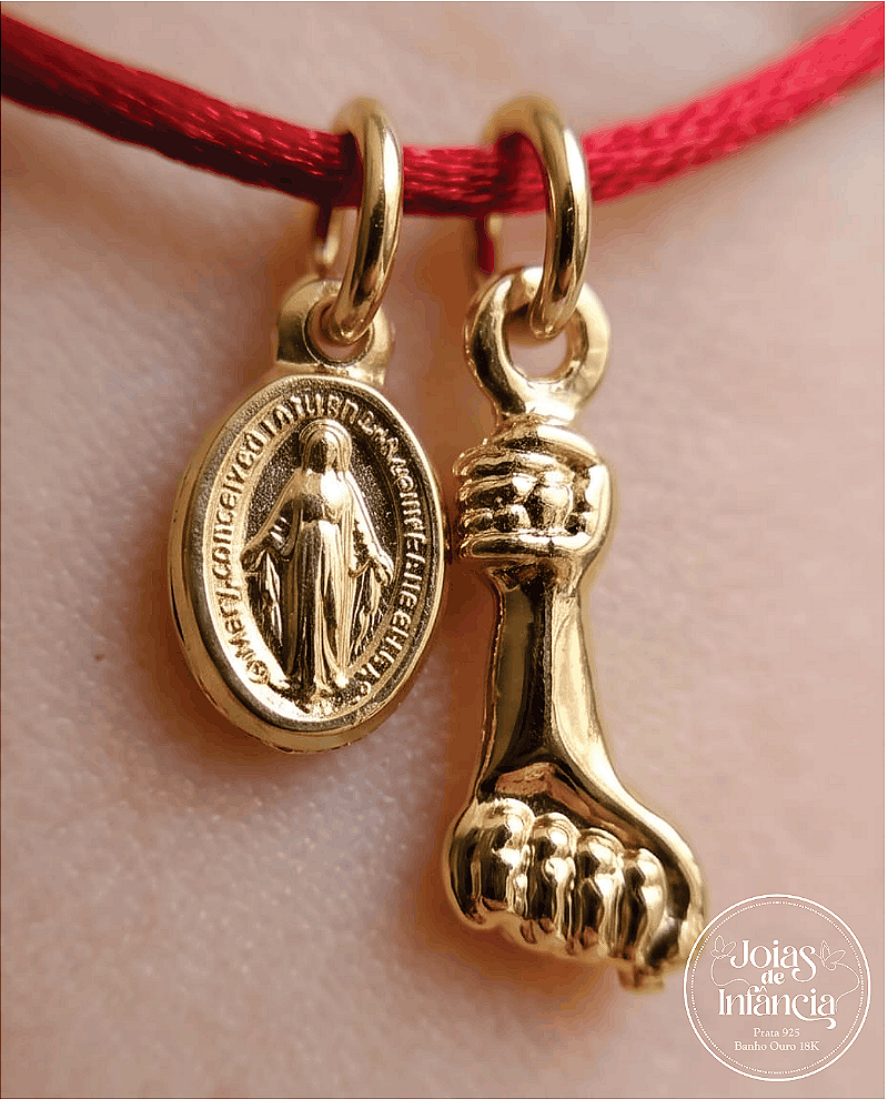 Pulseira vermelha com Figa e N. Sra das Graças com ponteira banhada ouro 18k