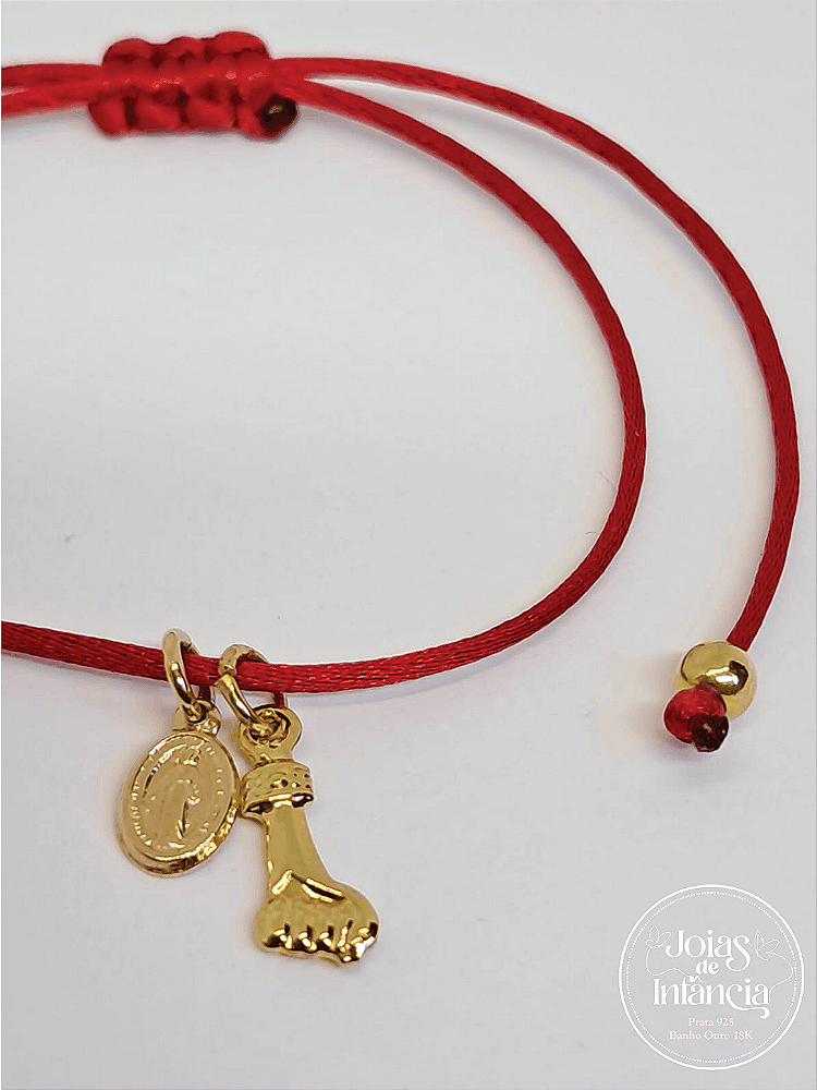 Pulseira vermelha com Figa e N. Sra das Graças com ponteira banhada ouro 18k