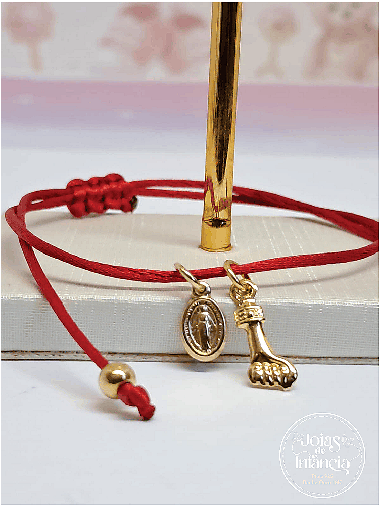 Pulseira vermelha com Figa e N. Sra das Graças com ponteira banhada ouro 18k
