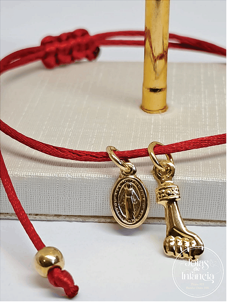 Pulseira vermelha com Figa e N. Sra das Graças com ponteira banhada ouro 18k