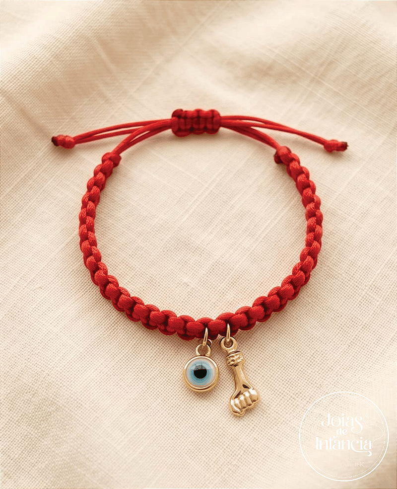 Pulseira Macramê com Figa e Olho Grego banhada Ouro 18k