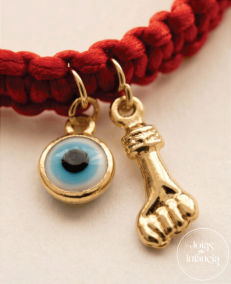Pulseira Macramê com Figa e Olho Grego banhada Ouro 18k