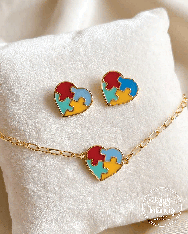 Conjunto coração quebra cabeça Autismo brinco e pulseira Semijoias