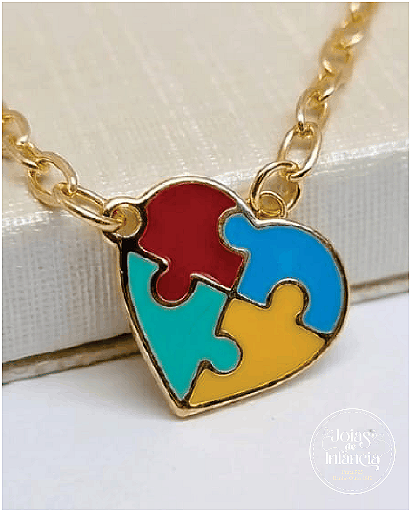 Conjunto coração quebra cabeça Autismo brinco e pulseira Semijoias