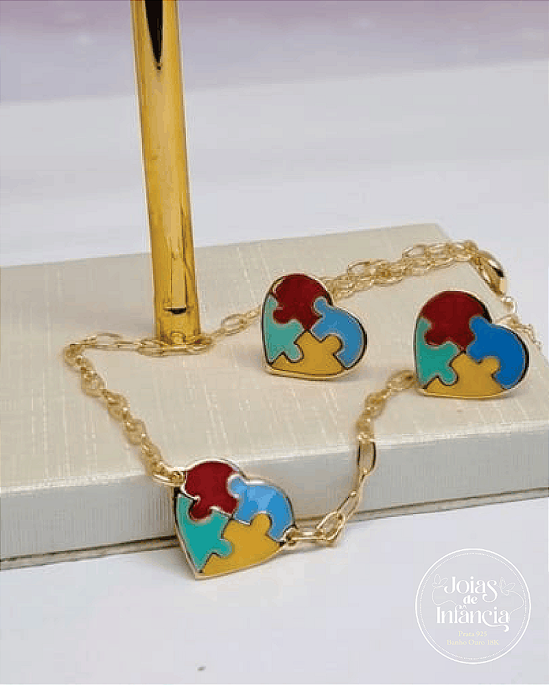 Conjunto coração quebra cabeça Autismo brinco e pulseira Semijoias