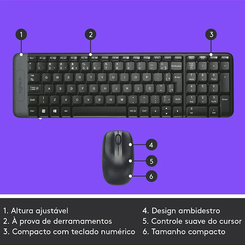 Combo Teclado e Mouse sem fio Logitech MK220 Layout ABNT2 Cor Preto