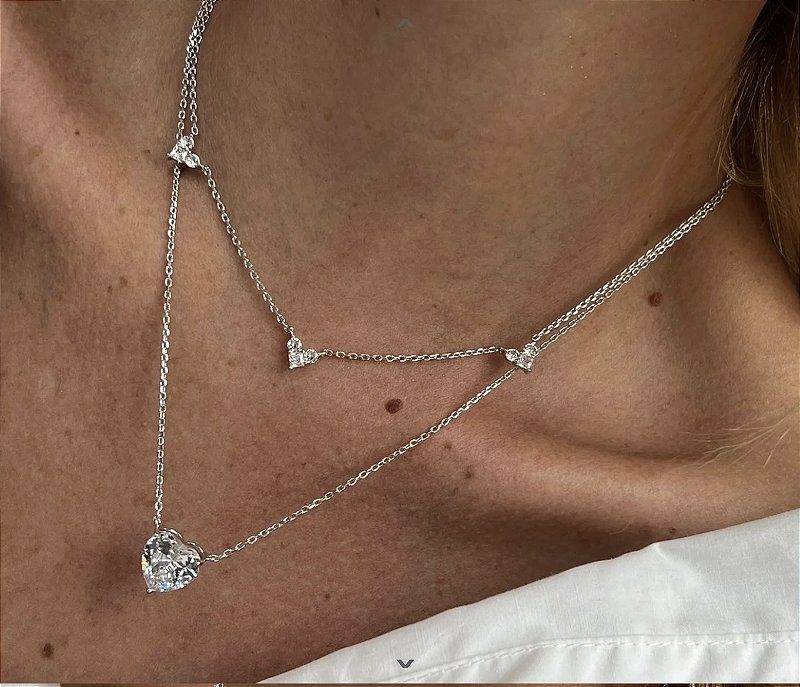 Colar Duplo de Corações Zircônia Cristal em Banho de Ródio Branco