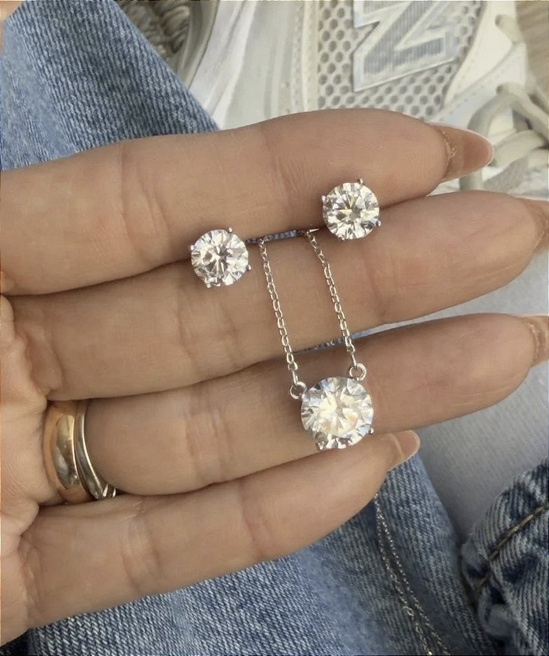 Conjunto Ponto de Luz Cristal Banho de Ródio Branco