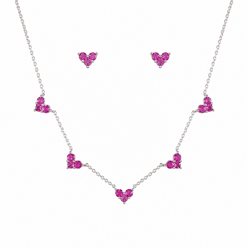 Conjunto Corações com Zircônia Banho de Ródio Branco – Pink