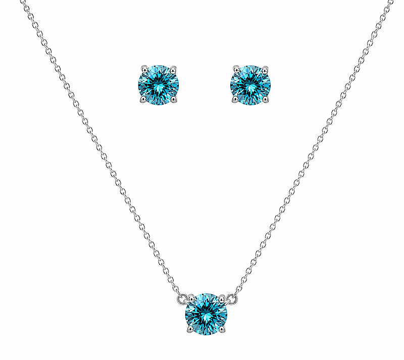 Conjunto Ponto de Luz Zircônia Azul Topázio Banho de Ródio Branco