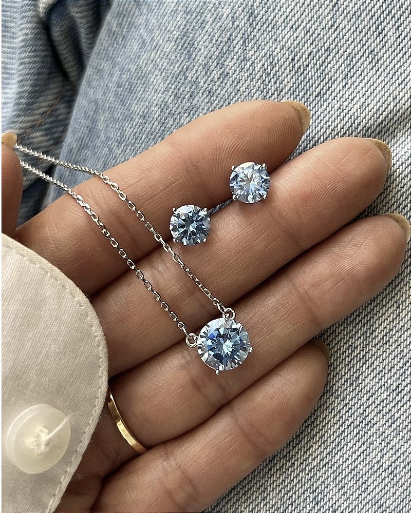 Conjunto Ponto de Luz Zircônia Azul Topázio Banho de Ródio Branco