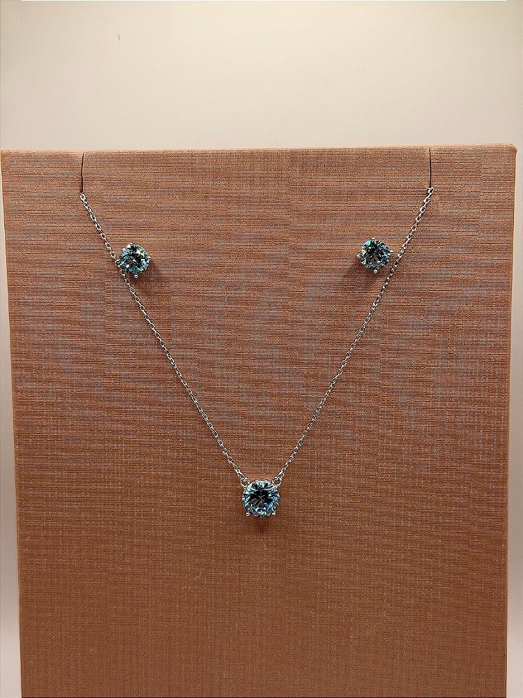 Conjunto Ponto de Luz Zircônia Azul Topázio Banho de Ródio Branco