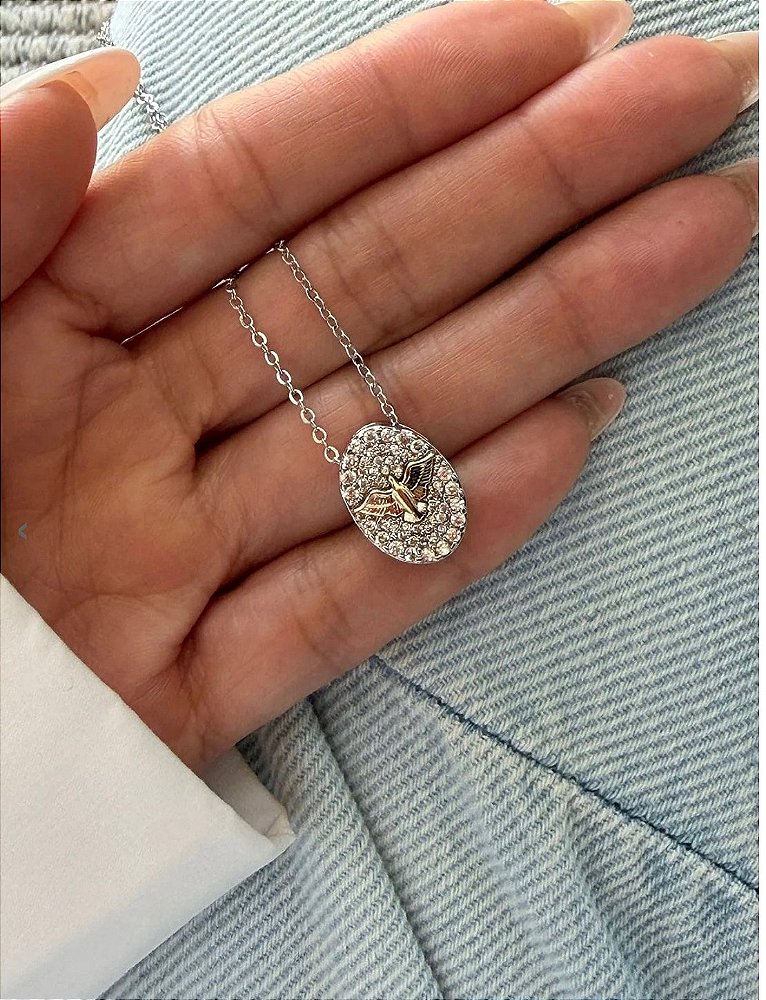 Colar Espírito Santo Zircônia Cristal Banho Ouro + Ródio Branco
