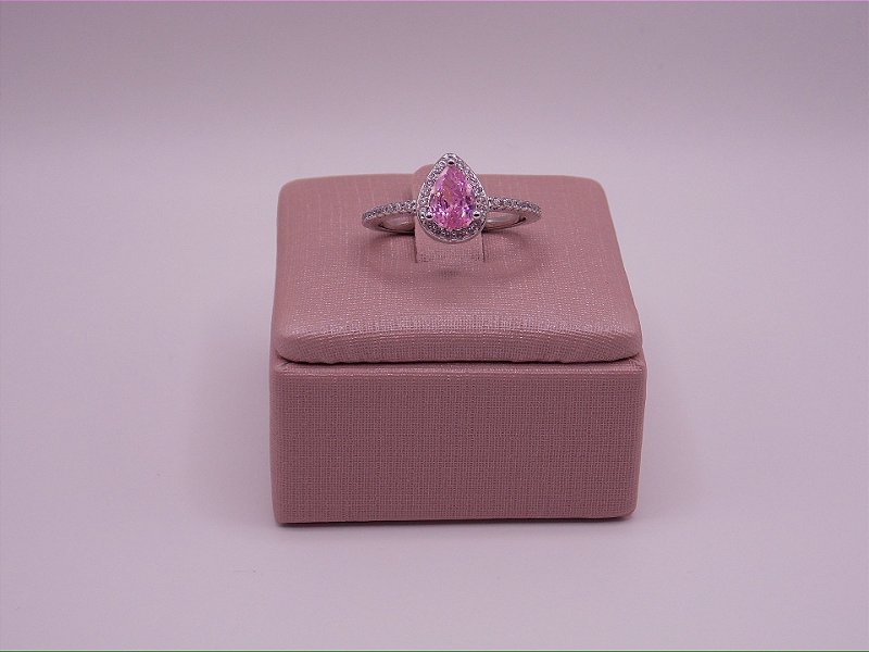 Anel Gota Rosa Zircônia Cristal Banho de Ródio Branco