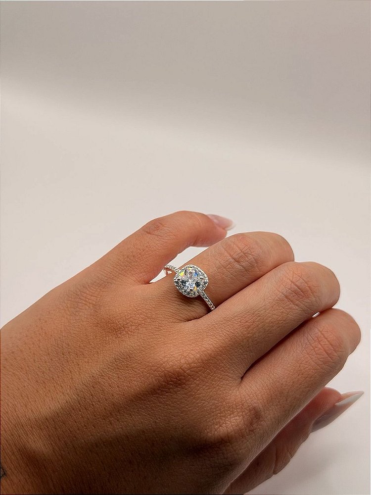 Anel Quadrado Zircônia Cristal Banho de Ródio Branco