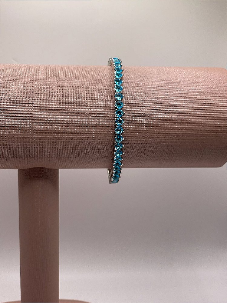 Pulseira Riviera 3 Pontas 3mm (Fecho Joia) Banho de Ródio Branco - Azul Celeste