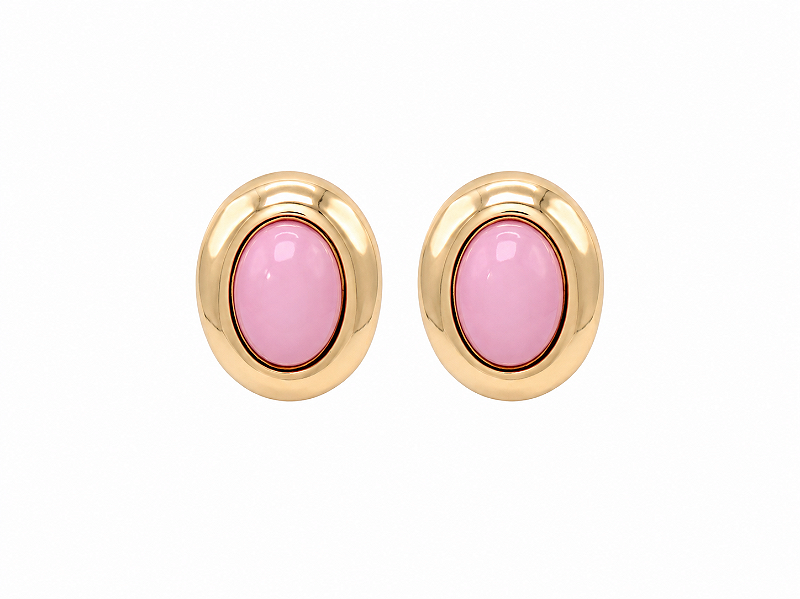 Brinco Botão Oval Banho de Ouro - Rosa