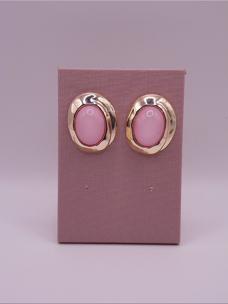 Brinco Botão Oval Banho de Ouro - Rosa