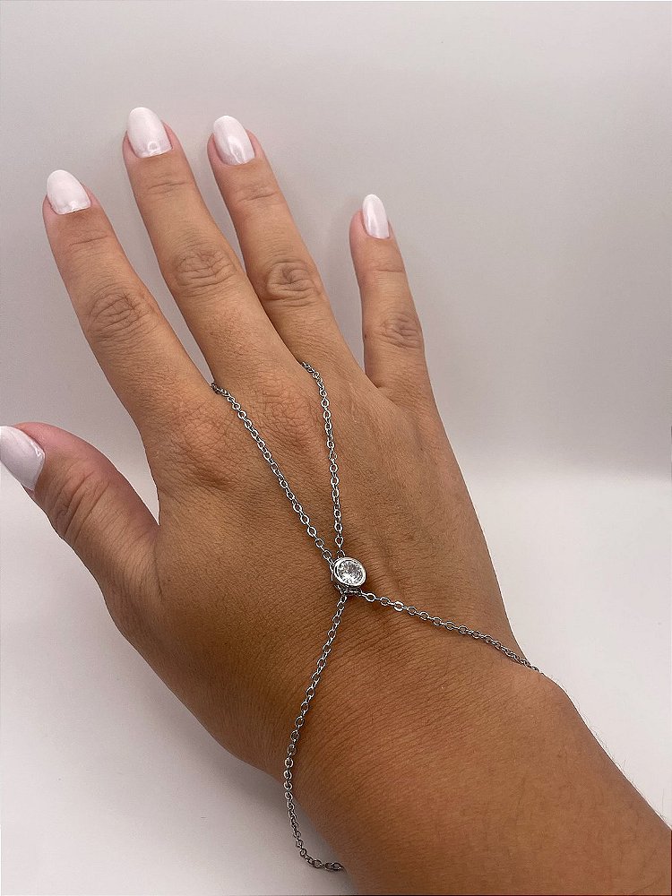 Pulseira Hand Chain Banho de Ródio Branco