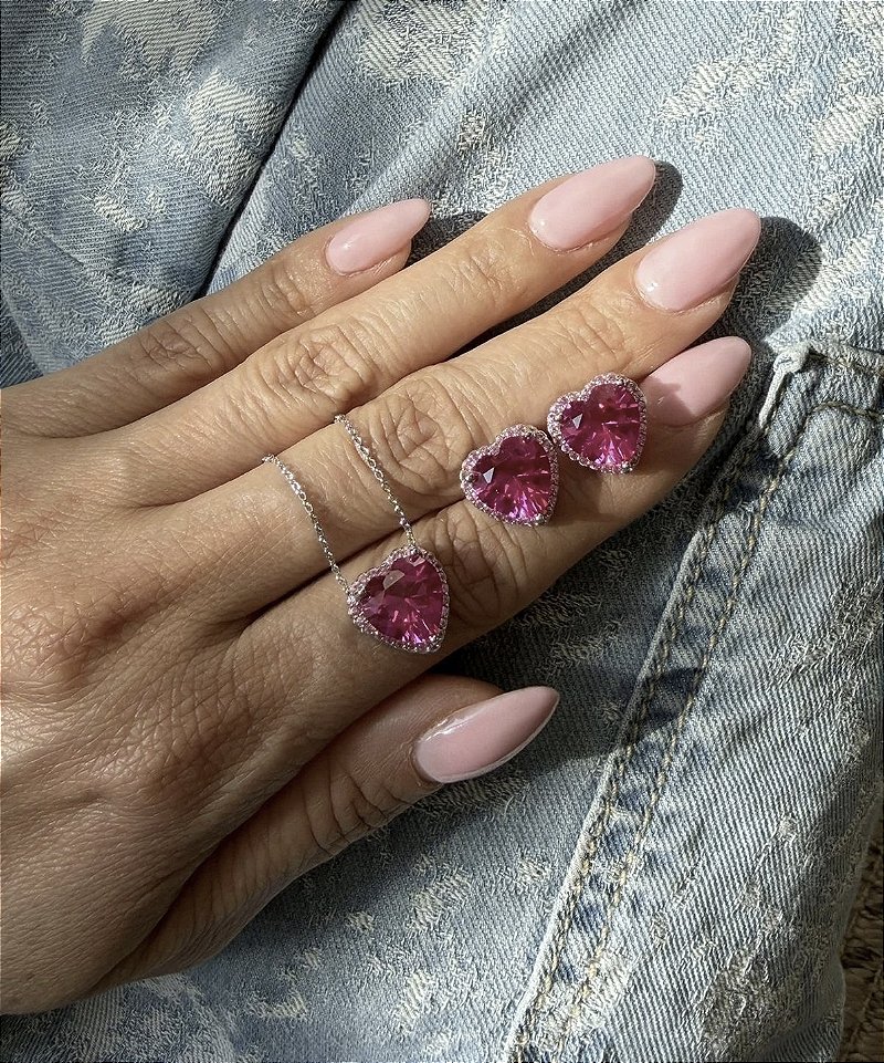 Conjunto Coração Banho de Ródio Branco - Pink