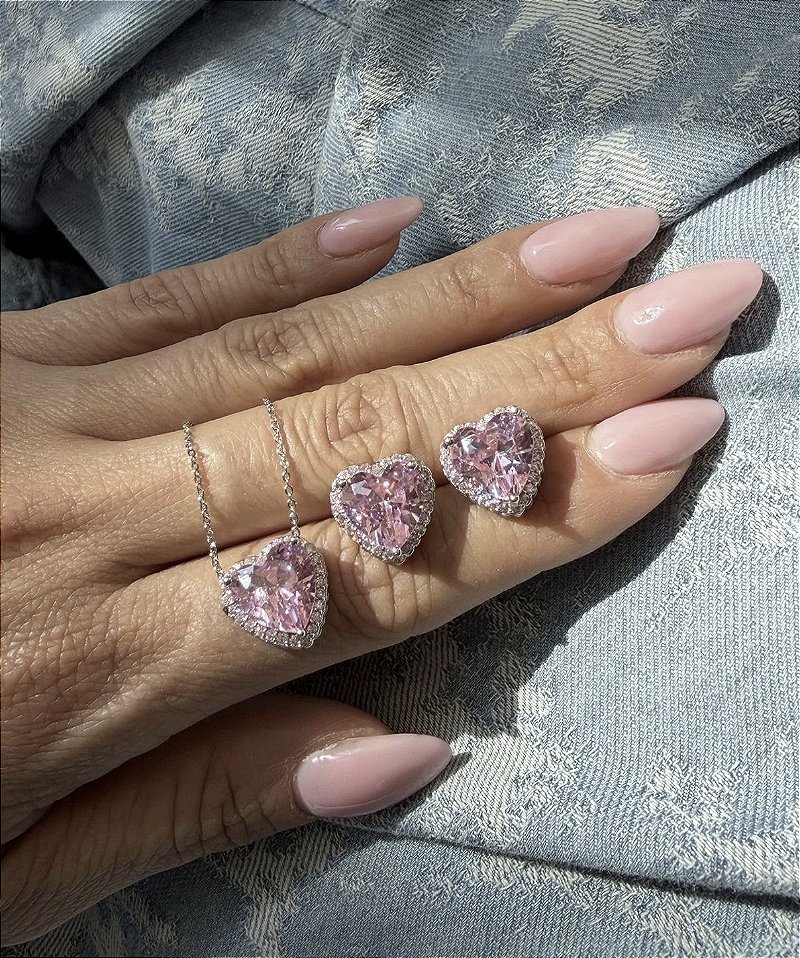 Conjunto Coração Banho de Ródio Branco - Rosa Claro