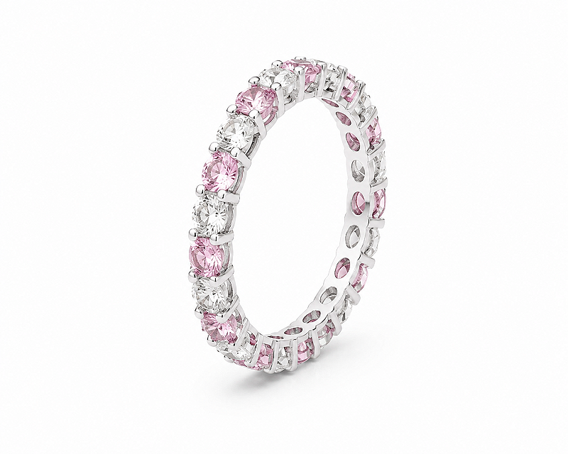 Anel Roliço com Zircônia Mista Banho de Ródio Branco - Cristal e Rosa Claro