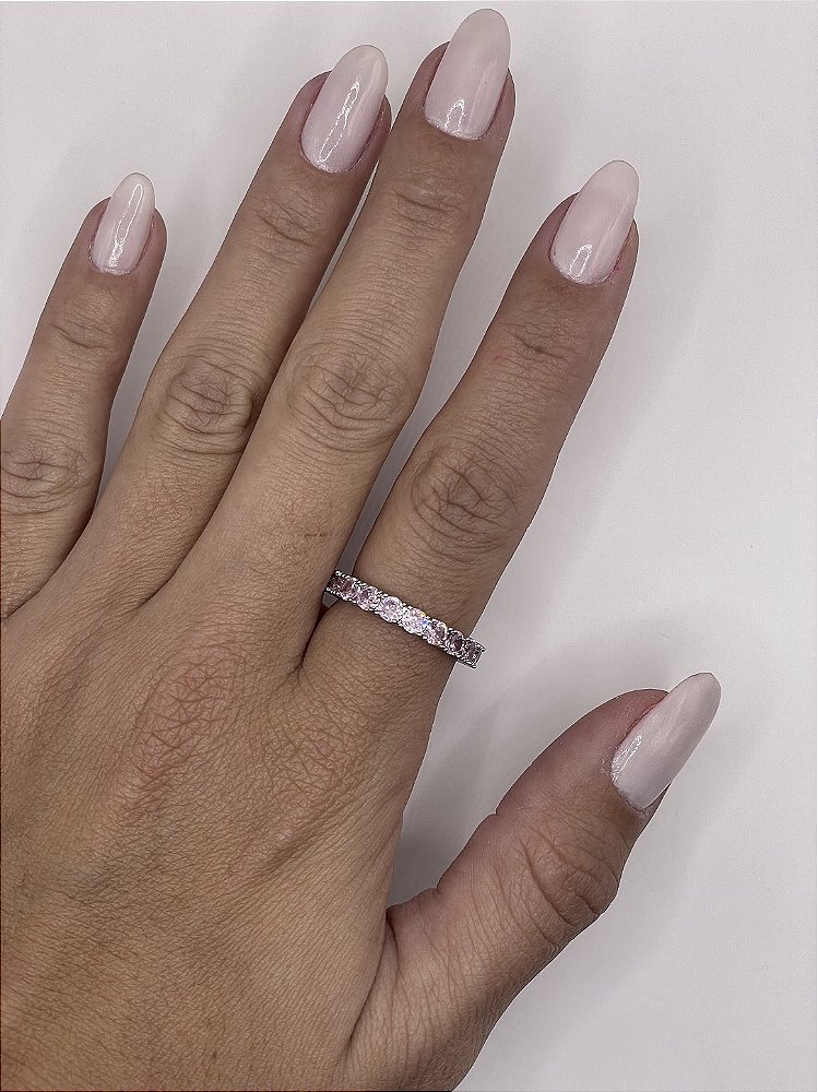 Anel Roliço com Zircônia Banho de Ródio Branco - Rosa Claro