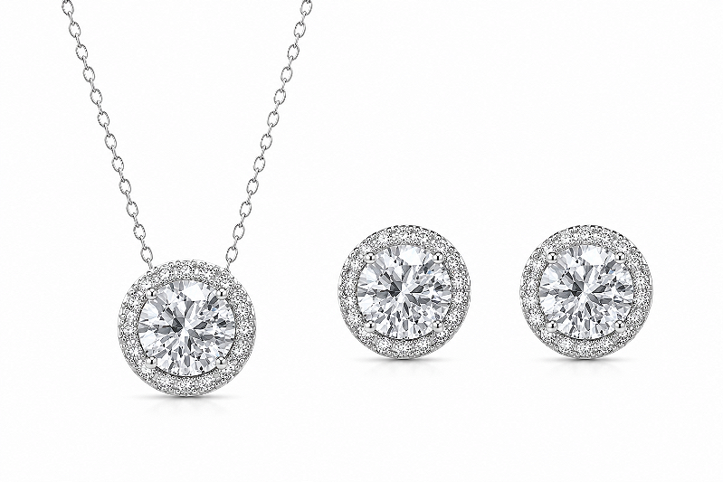 Conjunto Redondo com Zircônia Banho de Ródio Branco - Cristal