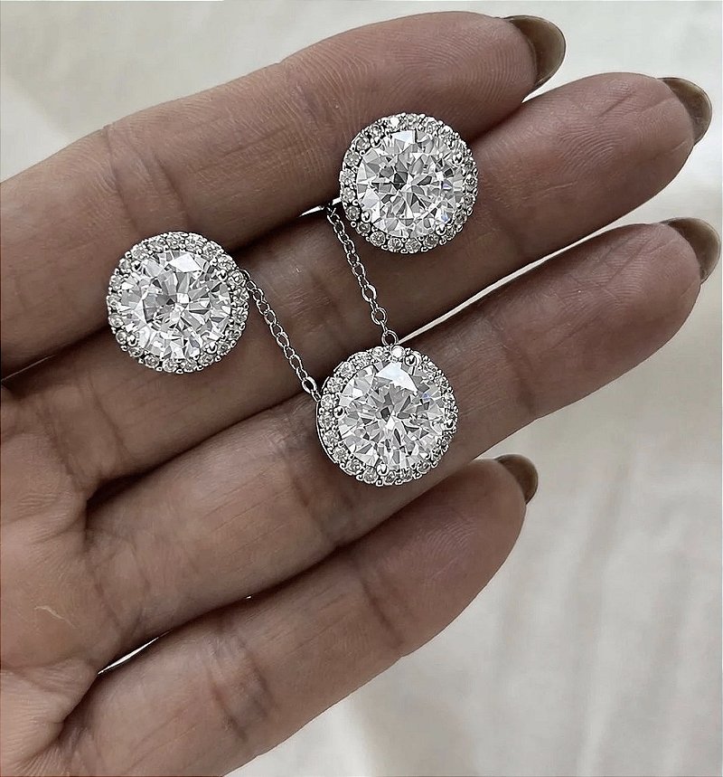 Conjunto Redondo com Zircônia Banho de Ródio Branco - Cristal