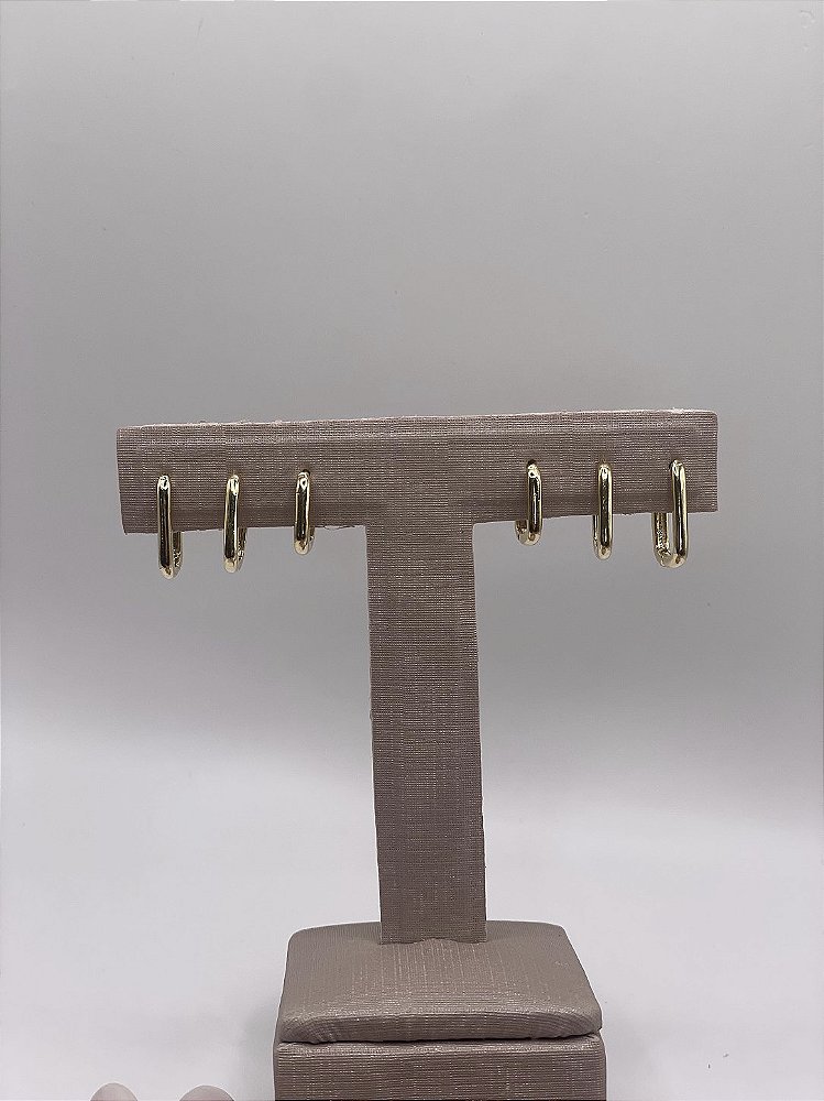 Brinco Trio Argola Retangular Banho de Ouro