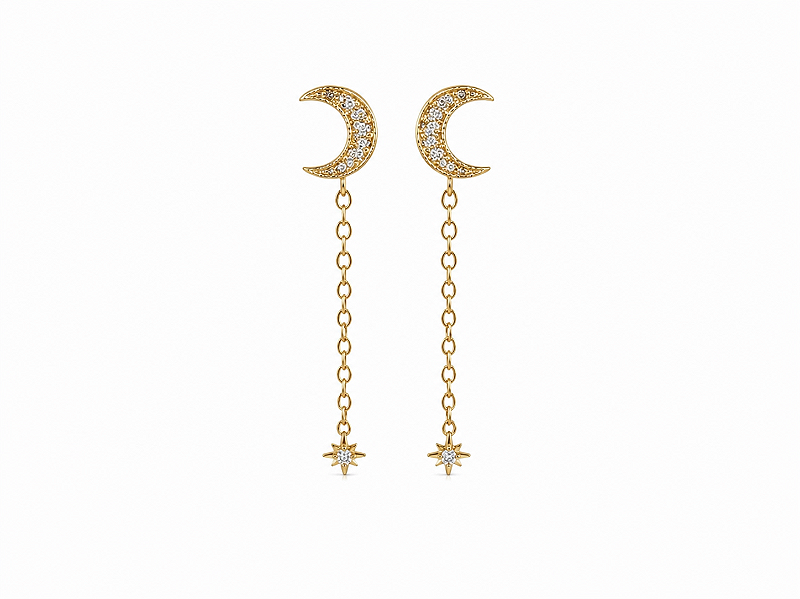 Brinco Lua com Corrente Banho de Ouro