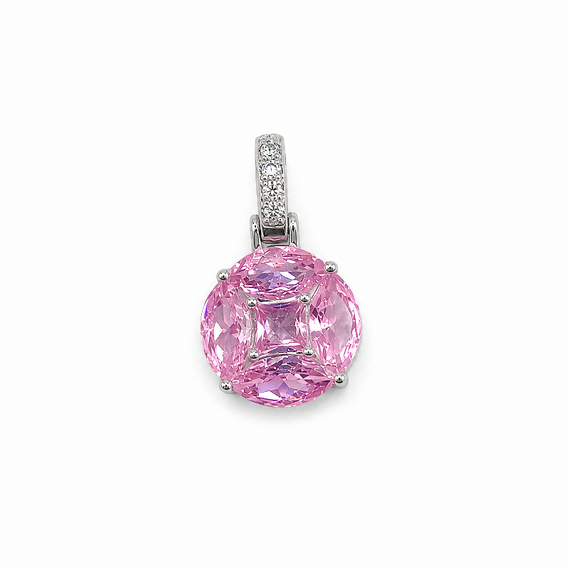 Pingente Ponto de Luz Pavê com Zircônia Rosa em Banho de Ródio Branco