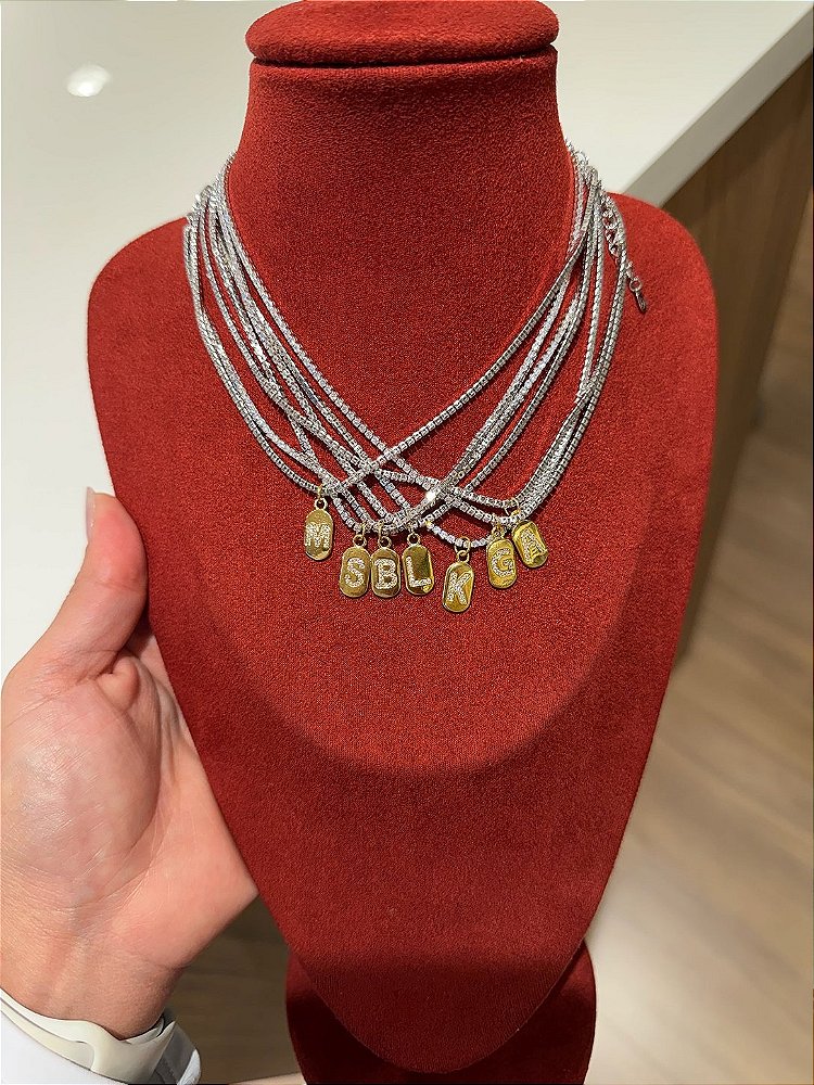 Colar Riviera com Inicial Mix de Banho Ouro 18k e Ródio Branco (Sob Encomenda)