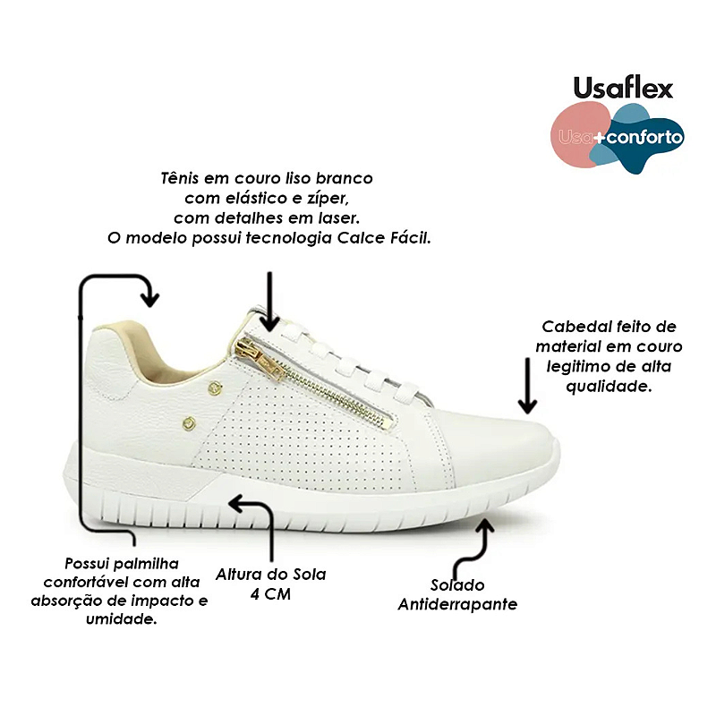 Tênis Casual Ortopédico Feminino UsaFlex Em Couro Original Palmilha Confortável Para Prevenir Dor Nos Pés