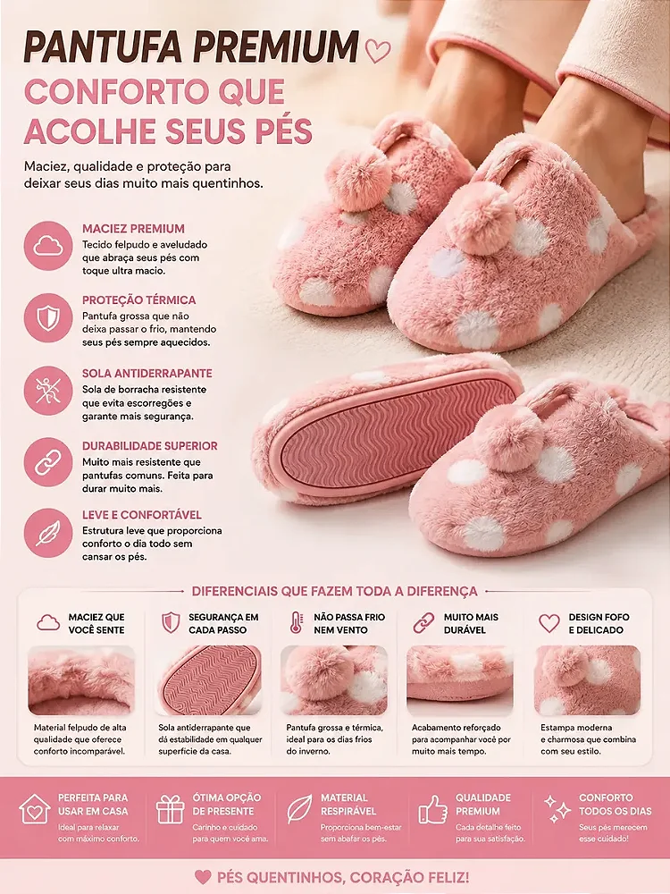 Pantufa Feminina Gasf Pompom Pantufa Quente Forrada Em Lã